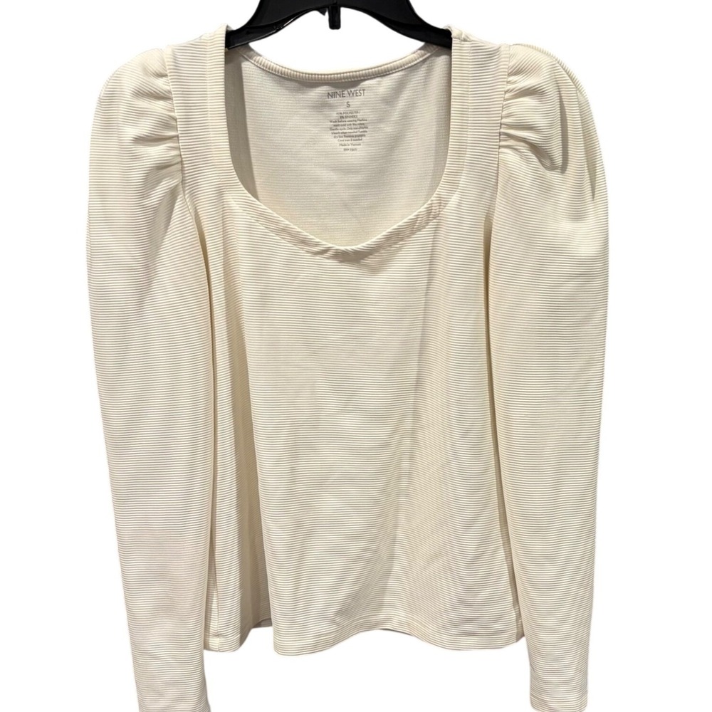 Nine West Cream White Ribbed Puff Long Sleeve Scoop Neck Top S Coquette Career